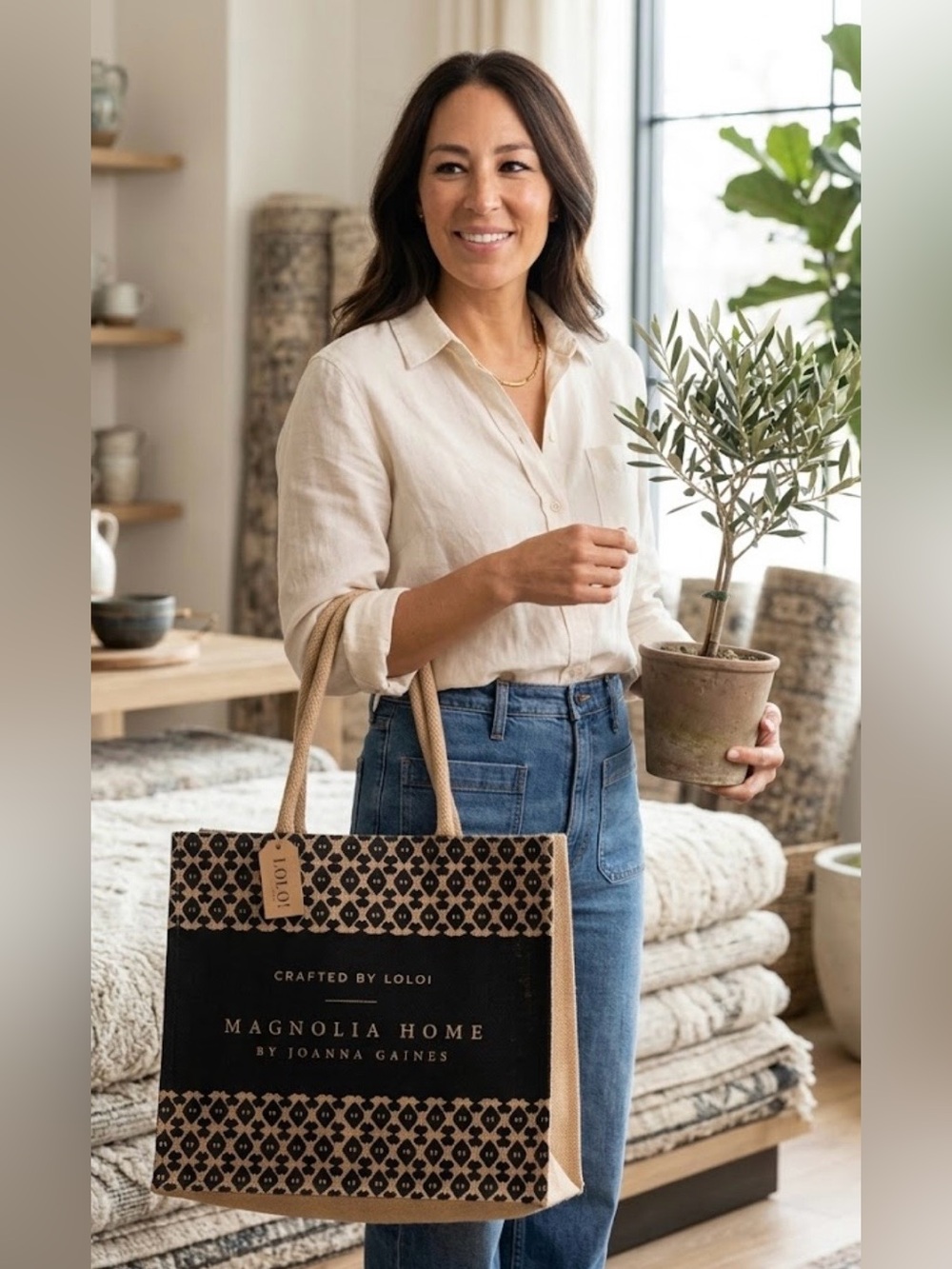 NEW, Magnolia Home Joanna Gains Market Burlap Black Tote Pier 1 Imports 16x14x4”